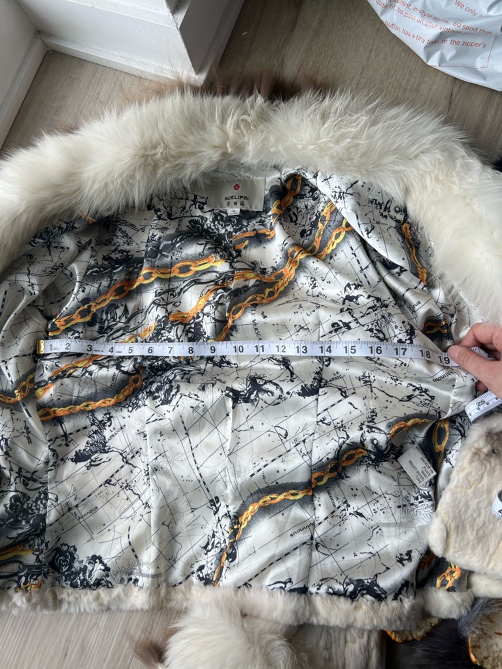 Vintage Cream White Real Rabbit Fur Jacket w Fox Fur Collar & Cuffs M Floral Y2K - Picture 8 of 11